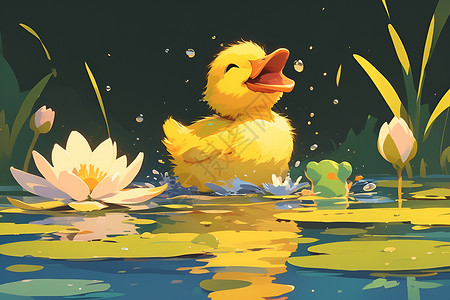 春天池塘小鸭子在水塘中插画