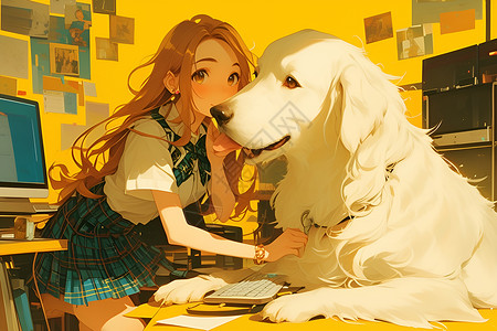 女孩和狗的动漫插画背景图片