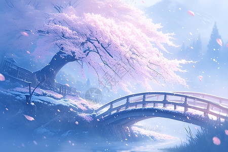 木桥美丽的樱花桥插画