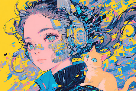 猫耳机数码世界女孩插画