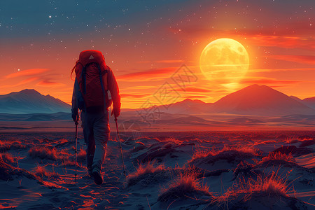 孤寂徒步者在沙漠中背景图片