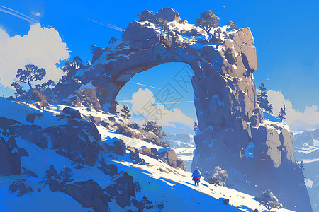 旭日照耀下的雪景石拱门背景图片