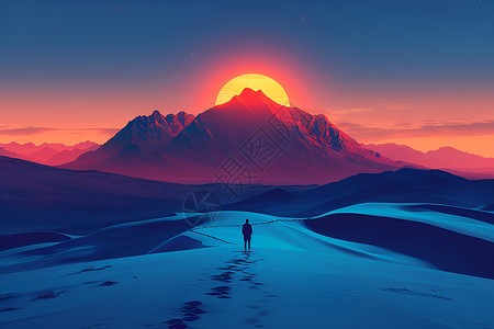 夕阳花沙漠中的冒险之旅插画