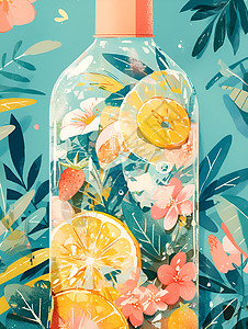 新鲜橙汁植物背景上的玻璃瓶插画
