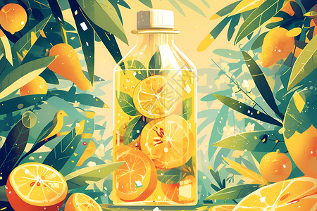 新鲜橙汁果汁玻璃瓶的艺术之美插画