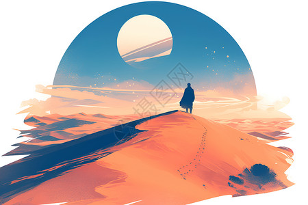 沙漠中星星星空下的孤独征服者插画