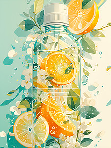 果汁瓶与花朵插画