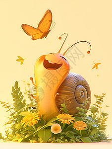 强势围观快乐蜗牛与蝴蝶幸福相伴插画