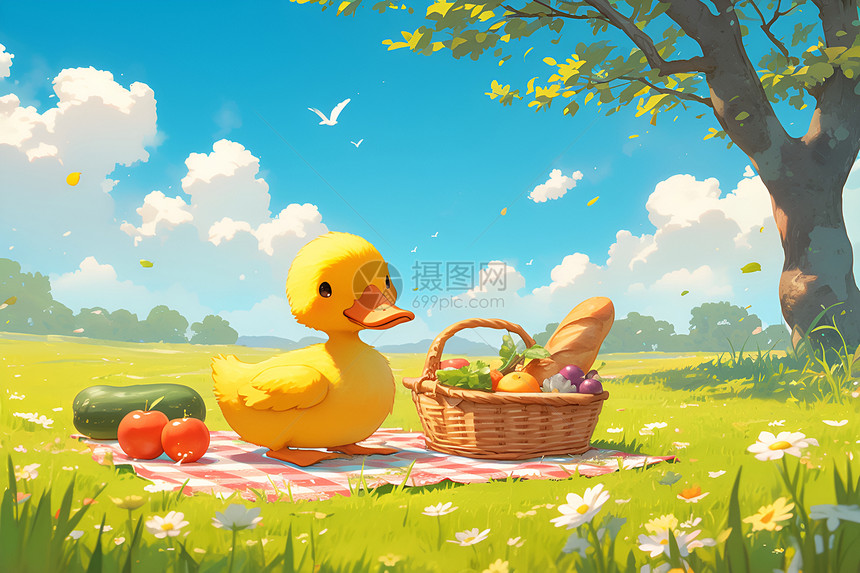 小鸭子在阳光明媚的草地上图片