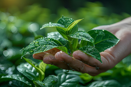 清新绿意手持茶叶背景图片