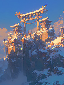 情暖冬日冬日暖光照耀下的雪山石门插画