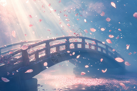 桥上飘落樱花背景图片