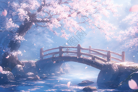 观赏樱花花瓣樱花覆盖的桥插画