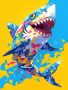 扁头鲨鱼张大嘴的彩虹鲨鱼插画