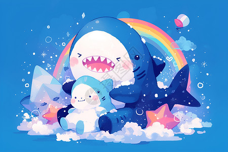 彩虹下荷塘彩虹下的鲨鱼插画