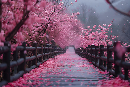 路径指针铺满桥梁的樱花背景