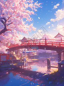桥蓝天美丽的樱花桥插画