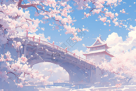 好友樱花和蓝天河流上的桥梁和樱花插画