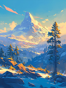 冬季贝加尔湖冬季高山插画