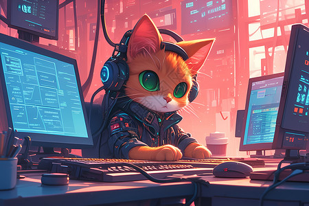 高科技显示屏猫咪坐在桌前凝视着电脑插画