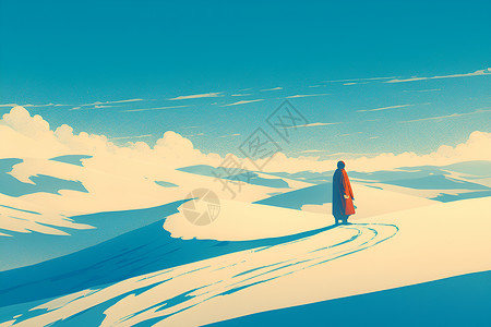 戈壁胡杨漫步沙漠中的旅行者插画