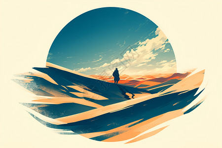 戈壁大漠远足者穿越沙丘插画