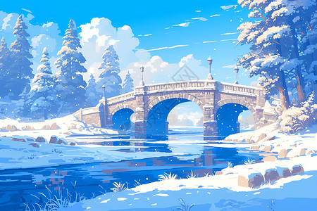 植物冬季素材冰雪世界中的雪桥幽境插画