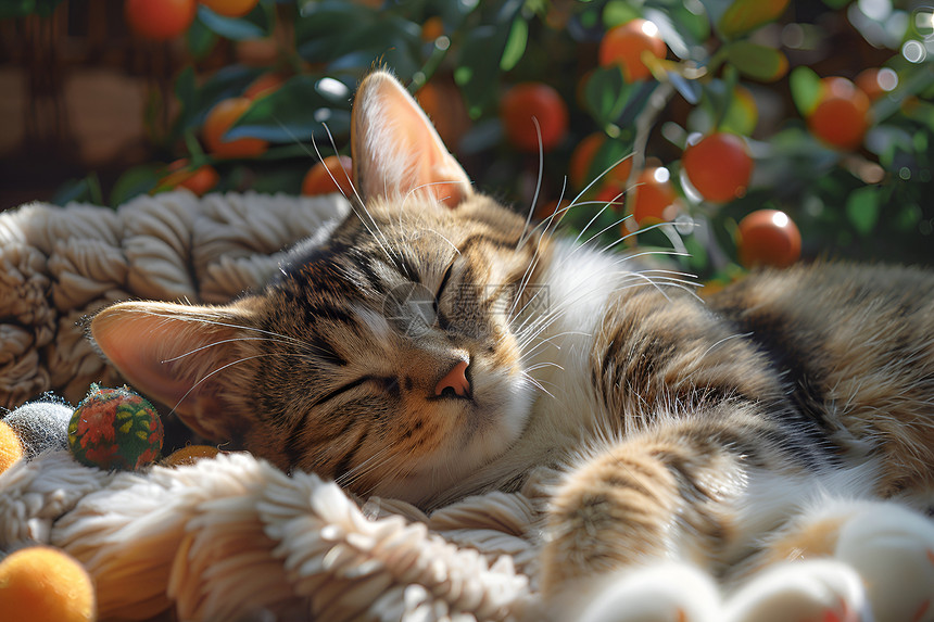 毛毯上睡觉的猫咪图片