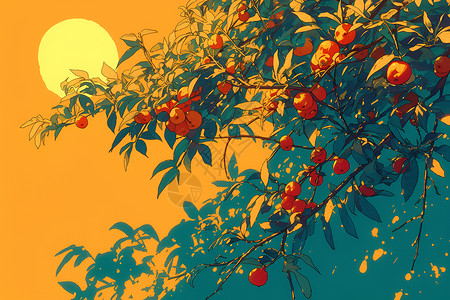 掰开的柿子树枝的果实插画