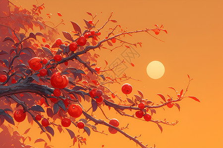 挂有冰晶的红色树枝红色果实插画
