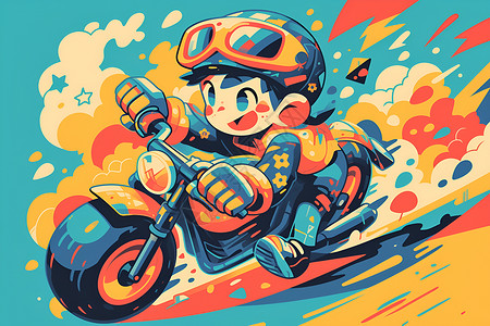 骑摩托科技线条儿童骑摩托男孩插画