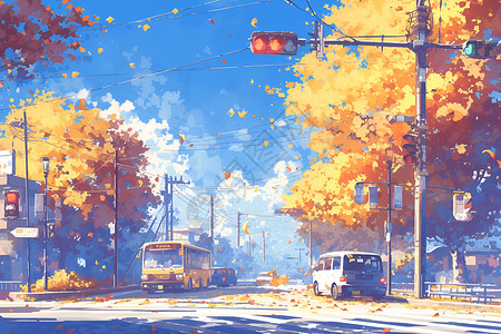 街道的交通黄叶交通灯高清图片