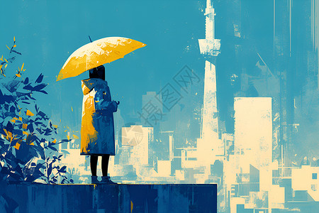 城市旅行者城市打伞的人插画