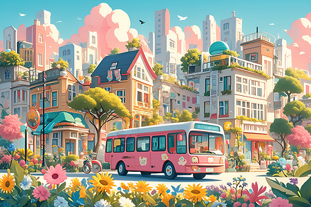 粉红色巴士穿梭在繁华的都市图片素材