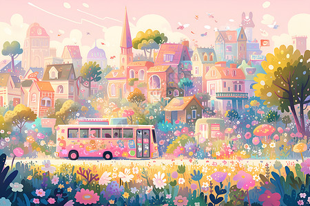 粉色城市粉色巴士穿行于城市插画