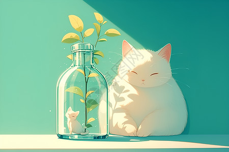 白猫与植物可爱的白猫与瓶子插画
