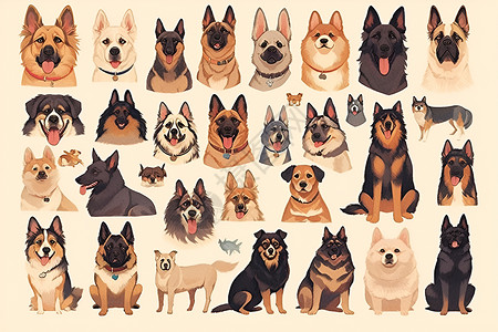 色彩丰富的犬群的丰富表情插画