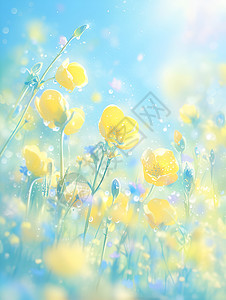 黄色梦幻绽放黄色花朵的植物插画