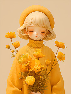 女孩手中的黄色花背景图片