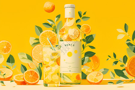 玻璃瓶包装展示橙子饮品展示插画