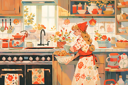 烘焙卡通厨房里围着围裙的女孩插画
