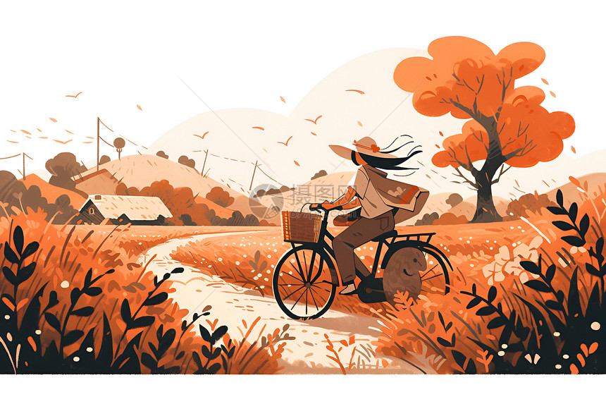 秋日草地上骑车的女孩图片