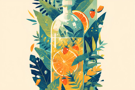 带叶子的橙子绿叶和浆果装饰的橙汁瓶插画