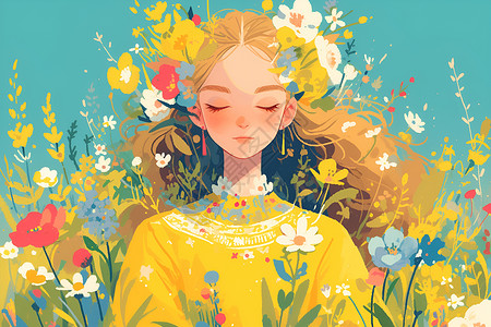 飘扬花朵悠悠飘扬的少女和植物插画