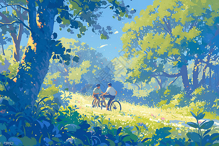 户外年轻人夏日森林骑行的年轻人插画