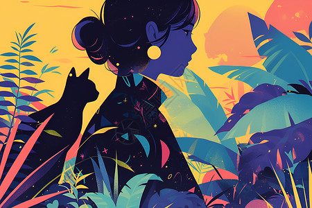 少女与猫在植物背景上背景图片