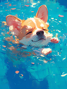 清澈眼睛闭着眼睛游泳的柯基小狗插画