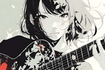 女孩弹吉他的插画背景图片