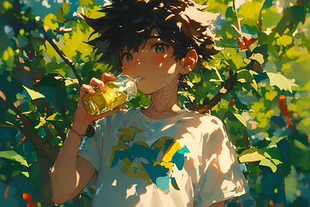 植物中喝柠檬水的男孩背景图片
