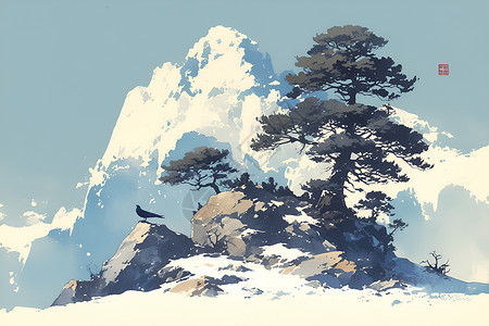 水墨雪山雪山上的风景插画